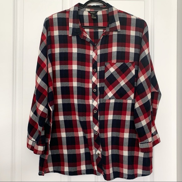 •FOREVER 21• Plaid 3/4 Sleeve Shirt Size L - Picture 1 of 9